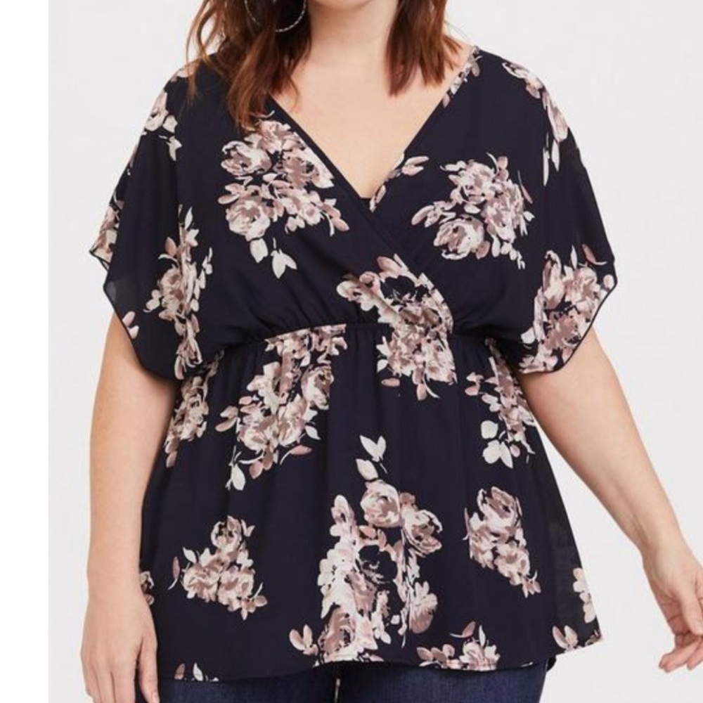 Torrid Blue Floral‎ Surplice Tie Back Dolman Boho Georgette Top Size 1X
